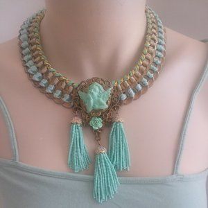 Handmade recycled Baroque Angel beaded tassel statement necklace choker OOAK